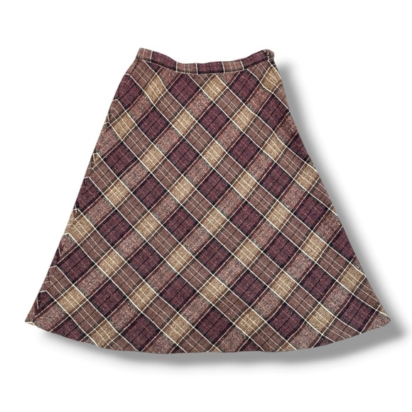 Vintage Dresses & Skirts - Vintage 60s/70s Purple Tan Plaid Tweed A-Line Midi Skirt Women's Size S/M Retro